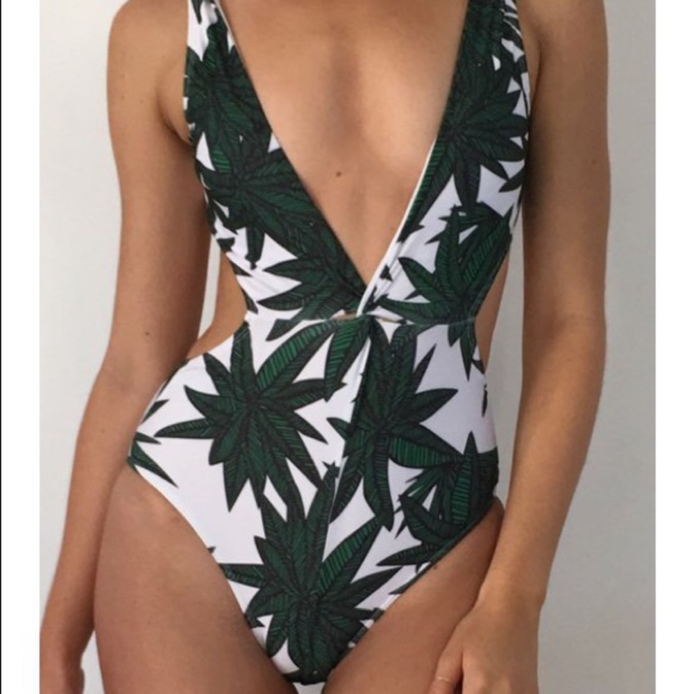 Leaf Print Plunging Neckline One Piece Swim Suit